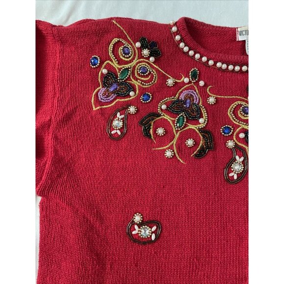 Vintage Victoria Jones Red Beaded Sweater Medium - Picture 4 of 12